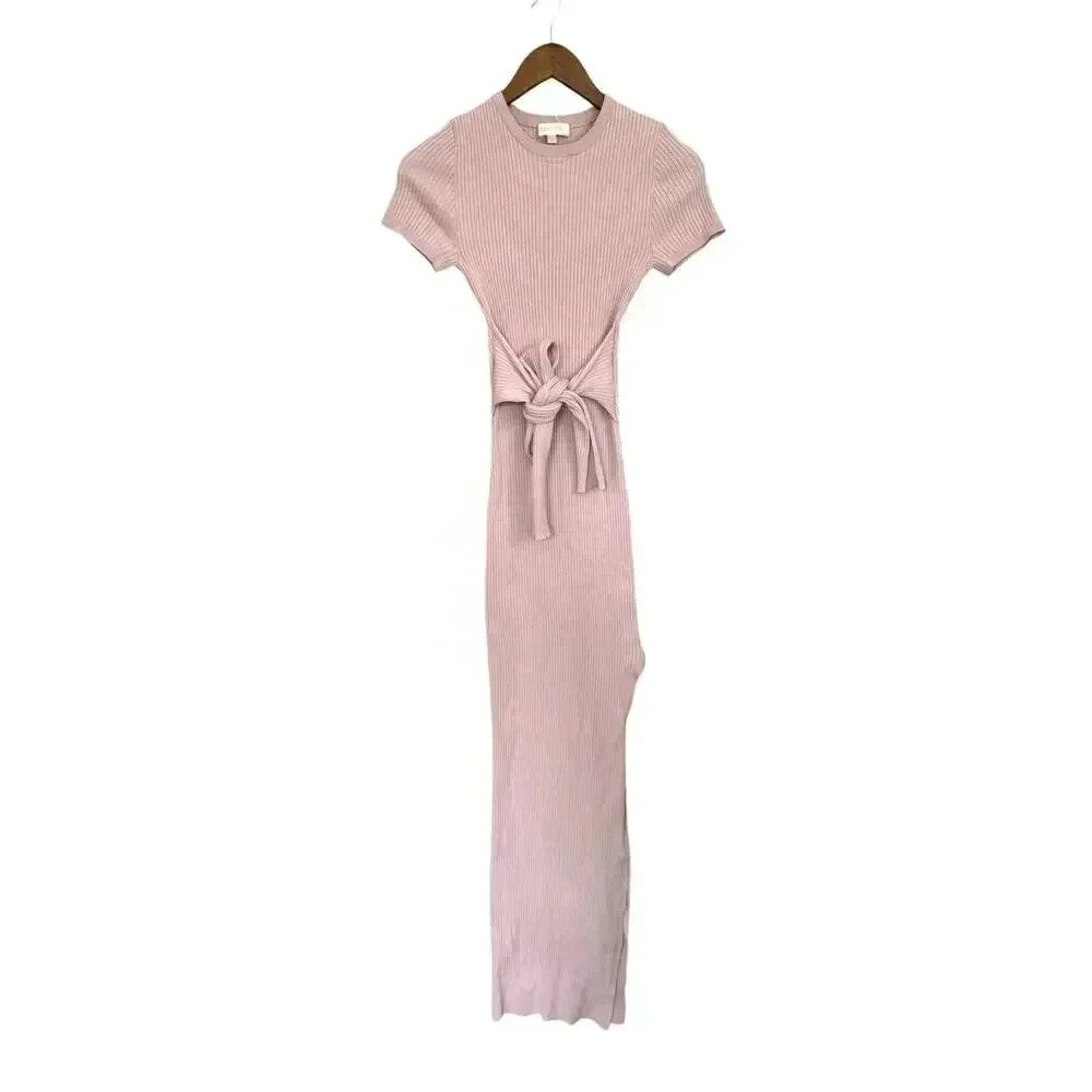 Ronny Kobo Lilac Athena Waist-Tie Front Ribbed Rib Knit Side Slit Dress Xs